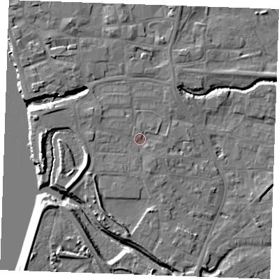 Shaded relief map of the ground around PE305AE, computed from Environment Agency LiDAR. The ground here sits at about 5 m above sea level and falls 10 m across the surrounding 800 m. Surface water reaching this point runs off ground lying to the south-south-east, 1.4 m higher.