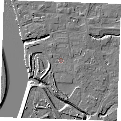 Shaded relief map of the ground around PE305AF, computed from Environment Agency LiDAR. The ground here sits at about 5 m above sea level and falls 10 m across the surrounding 800 m. Surface water reaching this point runs off ground lying to the south-west, 4.1 m higher.