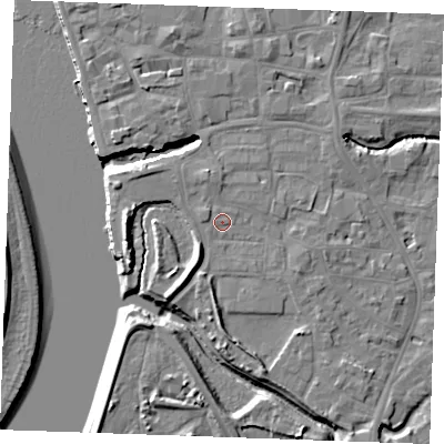 Shaded relief map of the ground around PE305AG, computed from Environment Agency LiDAR. The ground here sits at about 5 m above sea level and falls 10 m across the surrounding 800 m. Surface water reaching this point runs off ground lying to the south-south-west, 4.1 m higher.