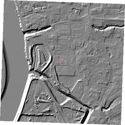 Shaded relief map of the ground around PE305AH, computed from Environment Agency LiDAR. The ground here sits at about 5 m above sea level and falls 10 m across the surrounding 800 m. Surface water reaching this point runs off ground lying to the west-south-west, 4.1 m higher.