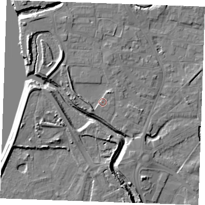 Shaded relief map of the ground around PE305AL, computed from Environment Agency LiDAR. The ground here sits at about 5 m above sea level and falls 10 m across the surrounding 800 m. Surface water reaching this point runs off ground lying to the north-west, 4.2 m higher.