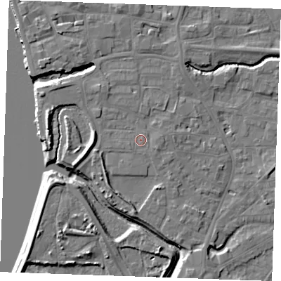 Shaded relief map of the ground around PE305AN, computed from Environment Agency LiDAR. The ground here sits at about 5 m above sea level and falls 10 m across the surrounding 800 m. The ground contributing surface water to this point lies to the south-east.