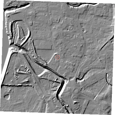 Shaded relief map of the ground around PE305AP, computed from Environment Agency LiDAR. The ground here sits at about 5 m above sea level and falls 10 m across the surrounding 800 m. Surface water reaching this point runs off ground lying to the north-west, 1.8 m higher.