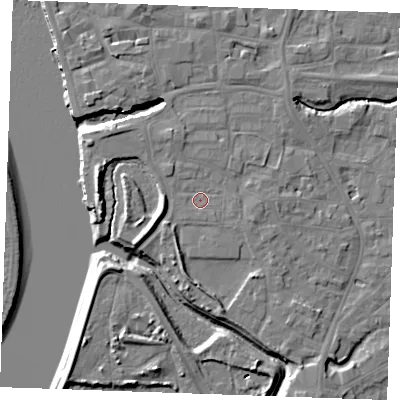 Shaded relief map of the ground around PE305AQ, computed from Environment Agency LiDAR. The ground here sits at about 5 m above sea level and falls 10 m across the surrounding 800 m. Surface water reaching this point runs off ground lying to the west-south-west, 4.1 m higher.