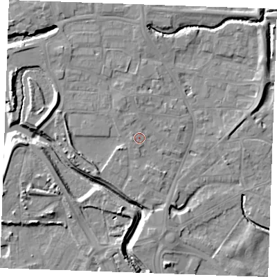 Shaded relief map of the ground around PE305AR, computed from Environment Agency LiDAR. The ground here sits at about 5 m above sea level and falls 10 m across the surrounding 800 m. Surface water reaching this point runs off ground lying to the south, 0.6 m higher.