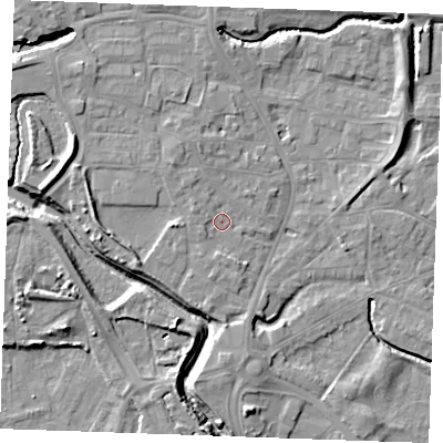 Shaded relief map of the ground around PE305AS, computed from Environment Agency LiDAR. The ground here sits at about 4 m above sea level and falls 9 m across the surrounding 800 m. Surface water reaching this point runs off ground lying to the west-south-west, 0.7 m higher.