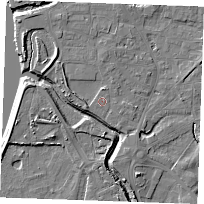 Shaded relief map of the ground around PE305AT, computed from Environment Agency LiDAR. The ground here sits at about 5 m above sea level and falls 10 m across the surrounding 800 m. Surface water reaching this point runs off ground lying to the north, 1.8 m higher.