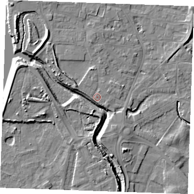 Shaded relief map of the ground around PE305AU, computed from Environment Agency LiDAR. The ground here sits at about 5 m above sea level and falls 10 m across the surrounding 800 m. Surface water reaching this point runs off ground lying to the north-north-east, 1.1 m higher.