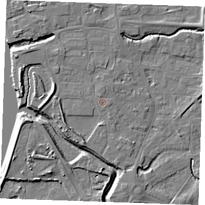 Shaded relief map of the ground around PE305AW, computed from Environment Agency LiDAR. The ground here sits at about 5 m above sea level and falls 10 m across the surrounding 800 m. Surface water reaching this point runs off ground lying to the west-north-west, 0.6 m higher.