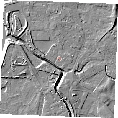 Shaded relief map of the ground around PE305AX, computed from Environment Agency LiDAR. The ground here sits at about 5 m above sea level and falls 10 m across the surrounding 800 m. Surface water reaching this point runs off ground lying to the north-north-east, 1.1 m higher.