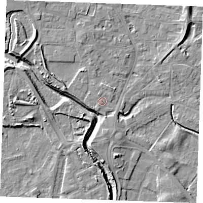 Shaded relief map of the ground around PE305AZ, computed from Environment Agency LiDAR. The ground here sits at about 5 m above sea level and falls 9 m across the surrounding 800 m. Surface water reaching this point runs off ground lying to the south-south-east, 1.9 m higher.