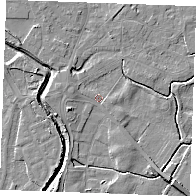 Shaded relief map of the ground around PE305BB, computed from Environment Agency LiDAR. The ground here sits at about 4 m above sea level and falls 8 m across the surrounding 800 m. Surface water reaching this point runs off ground lying to the west-north-west, 2.9 m higher.