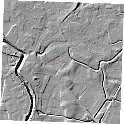 Shaded relief map of the ground around PE305BD, computed from Environment Agency LiDAR. The ground here sits at about 3 m above sea level and falls 8 m across the surrounding 800 m. Surface water reaching this point runs off ground lying to the west-south-west, 2.9 m higher.
