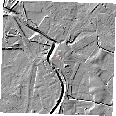 Shaded relief map of the ground around PE305BE, computed from Environment Agency LiDAR. The ground here sits at about 6 m above sea level and falls 9 m across the surrounding 800 m. Surface water reaching this point runs off ground lying to the west, 0.7 m higher.