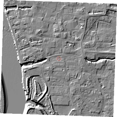 Shaded relief map of the ground around PE305BF, computed from Environment Agency LiDAR. The ground here sits at about 5 m above sea level and falls 10 m across the surrounding 800 m. Surface water reaching this point runs off ground lying to the south-south-west, 1.2 m higher.