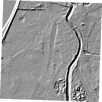 Shaded relief map of the ground around PE305BH, computed from Environment Agency LiDAR. The ground here sits at about 3 m above sea level and falls 11 m across the surrounding 800 m. Surface water reaching this point runs off ground lying to the north-east, 4.1 m higher.
