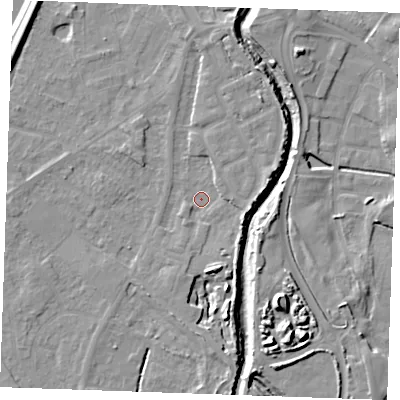 Shaded relief map of the ground around PE305BJ, computed from Environment Agency LiDAR. The ground here sits at about 3 m above sea level and falls 12 m across the surrounding 800 m. Surface water reaching this point runs off ground lying to the south-south-east, 7.9 m higher.