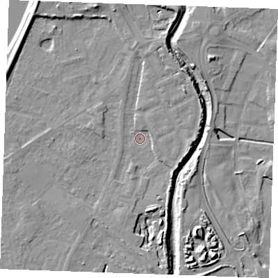 Shaded relief map of the ground around PE305BL, computed from Environment Agency LiDAR. The ground here sits at about 3 m above sea level and falls 11 m across the surrounding 800 m. Surface water reaching this point runs off ground lying to the north-east, 4.1 m higher.
