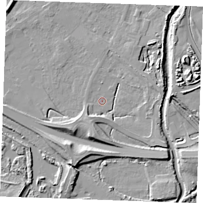 Shaded relief map of the ground around PE305BP, computed from Environment Agency LiDAR. The ground here sits at about 3 m above sea level and falls 12 m across the surrounding 800 m. Surface water reaching this point runs off ground lying to the south-west, 8.8 m higher.