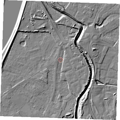 Shaded relief map of the ground around PE305BQ, computed from Environment Agency LiDAR. The ground here sits at about 4 m above sea level and falls 8 m across the surrounding 800 m. Surface water reaching this point runs off ground lying to the north-north-east, 1.9 m higher.