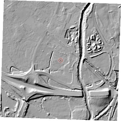 Shaded relief map of the ground around PE305BT, computed from Environment Agency LiDAR. The ground here sits at about 4 m above sea level and falls 12 m across the surrounding 800 m. Surface water reaching this point runs off ground lying to the south-west, 8.4 m higher.