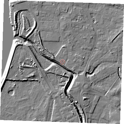 Shaded relief map of the ground around PE305BU, computed from Environment Agency LiDAR. The ground here sits at about 5 m above sea level and falls 10 m across the surrounding 800 m. Surface water reaching this point runs off ground lying to the north-west, 4.8 m higher.