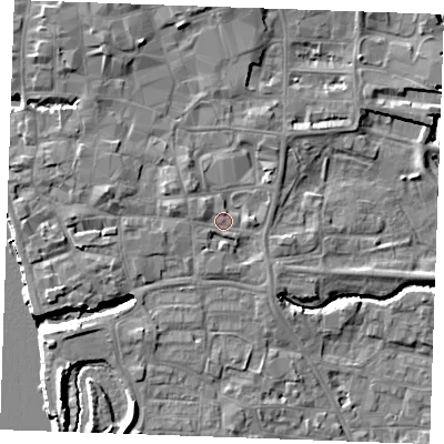 Shaded relief map of the ground around PE305BZ, computed from Environment Agency LiDAR. The ground here sits at about 5 m above sea level and falls 10 m across the surrounding 800 m. Surface water reaching this point runs off ground lying to the west-north-west, 2.1 m higher.