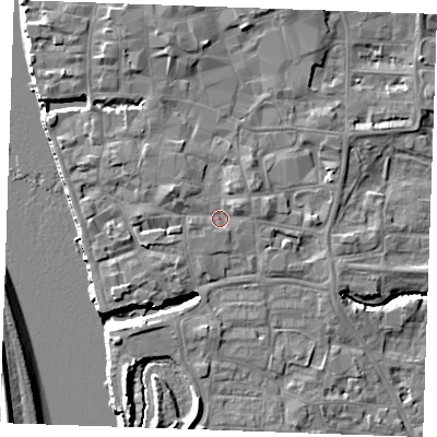 Shaded relief map of the ground around PE305DA, computed from Environment Agency LiDAR. The ground here sits at about 5 m above sea level and falls 10 m across the surrounding 800 m. Surface water reaching this point runs off ground lying to the west-north-west, 2.2 m higher.