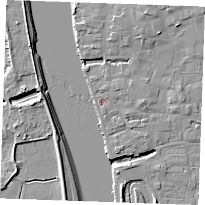 Shaded relief map of the ground around PE305DB, computed from Environment Agency LiDAR. The ground here sits at about 5 m above sea level and falls 10 m across the surrounding 800 m. Surface water reaching this point runs off ground lying to the north-north-east, 1.6 m higher.