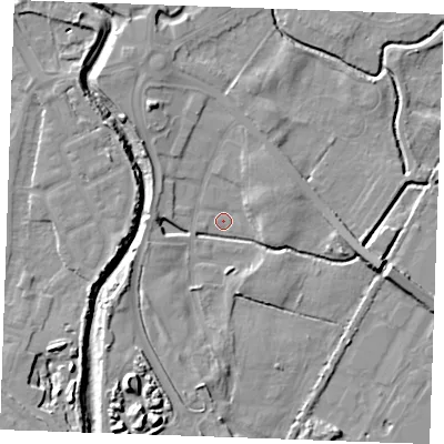 Shaded relief map of the ground around PE305DD, computed from Environment Agency LiDAR. The ground here sits at about 2 m above sea level and falls 11 m across the surrounding 800 m. Surface water reaching this point runs off ground lying to the south-south-west, 7.3 m higher.