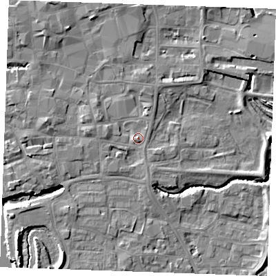 Shaded relief map of the ground around PE305DE, computed from Environment Agency LiDAR. The ground here sits at about 6 m above sea level and falls 10 m across the surrounding 800 m. Surface water reaching this point runs off ground lying to the north-north-west, 3.5 m higher.