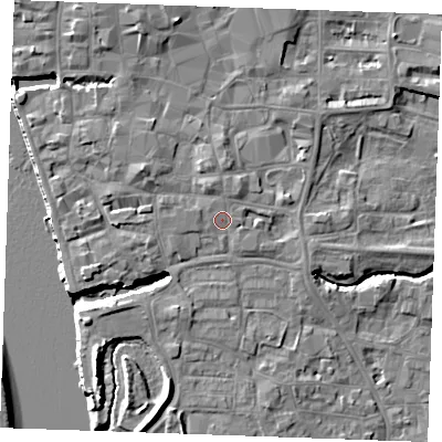 Shaded relief map of the ground around PE305DF, computed from Environment Agency LiDAR. The ground here sits at about 5 m above sea level and falls 10 m across the surrounding 800 m. Surface water reaching this point runs off ground lying to the west-north-west, 0.8 m higher.
