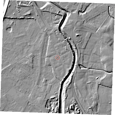 Shaded relief map of the ground around PE305DH, computed from Environment Agency LiDAR. The ground here sits at about 5 m above sea level and falls 11 m across the surrounding 800 m. Surface water reaching this point runs off ground lying to the north-east, 3.1 m higher.