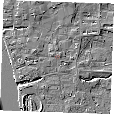 Shaded relief map of the ground around PE305DJ, computed from Environment Agency LiDAR. The ground here sits at about 6 m above sea level and falls 10 m across the surrounding 800 m. Surface water reaching this point runs off ground lying to the west-north-west, 1.1 m higher.