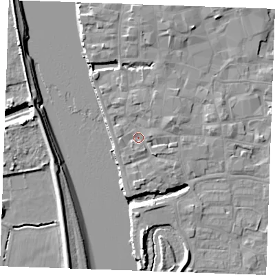 Shaded relief map of the ground around PE305DL, computed from Environment Agency LiDAR. The ground here sits at about 5 m above sea level and falls 10 m across the surrounding 800 m. Surface water reaching this point runs off ground lying to the east-north-east, 3.1 m higher.