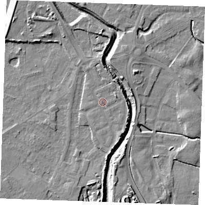 Shaded relief map of the ground around PE305DN, computed from Environment Agency LiDAR. The ground here sits at about 5 m above sea level and falls 11 m across the surrounding 800 m. Surface water reaching this point runs off ground lying to the north-east, 3.0 m higher.