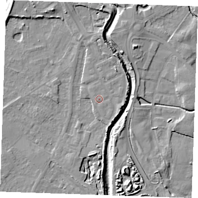 Shaded relief map of the ground around PE305DP, computed from Environment Agency LiDAR. The ground here sits at about 5 m above sea level and falls 11 m across the surrounding 800 m. Surface water reaching this point runs off ground lying to the east-south-east, 2.2 m higher.