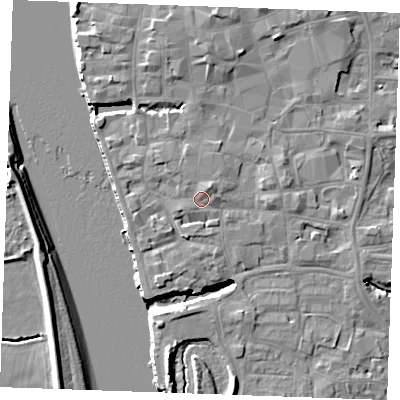 Shaded relief map of the ground around PE305DQ, computed from Environment Agency LiDAR. The ground here sits at about 6 m above sea level and falls 10 m across the surrounding 800 m. Surface water reaching this point runs off ground lying to the north-north-east, 1.4 m higher.