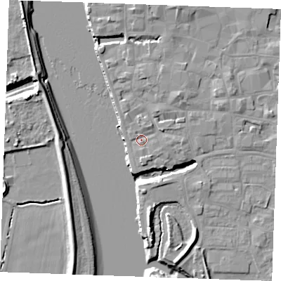 Shaded relief map of the ground around PE305DS, computed from Environment Agency LiDAR. The ground here sits at about 5 m above sea level and falls 10 m across the surrounding 800 m. Surface water reaching this point runs off ground lying to the east-north-east, 1.8 m higher.