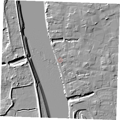 Shaded relief map of the ground around PE305DT, computed from Environment Agency LiDAR. The ground here sits at about 5 m above sea level and falls 10 m across the surrounding 800 m. Surface water reaching this point runs off ground lying to the north-east, 1.6 m higher.