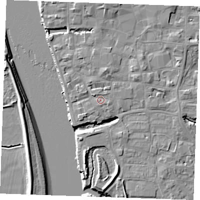 Shaded relief map of the ground around PE305DU, computed from Environment Agency LiDAR. The ground here sits at about 5 m above sea level and falls 10 m across the surrounding 800 m. Surface water reaching this point runs off ground lying to the north-west, 1.3 m higher.