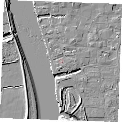 Shaded relief map of the ground around PE305DX, computed from Environment Agency LiDAR. The ground here sits at about 5 m above sea level and falls 10 m across the surrounding 800 m. Surface water reaching this point runs off ground lying to the north-east, 1.8 m higher.