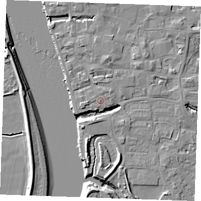 Shaded relief map of the ground around PE305DY, computed from Environment Agency LiDAR. The ground here sits at about 5 m above sea level and falls 10 m across the surrounding 800 m. Surface water reaching this point runs off ground lying to the west, 1.6 m higher.