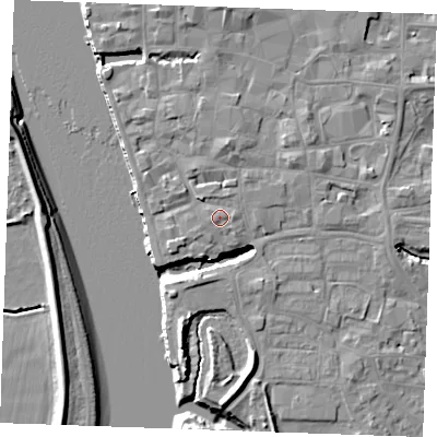 Shaded relief map of the ground around PE305DZ, computed from Environment Agency LiDAR. The ground here sits at about 6 m above sea level and falls 10 m across the surrounding 800 m. Surface water reaching this point runs off ground lying to the east, 1.0 m higher.