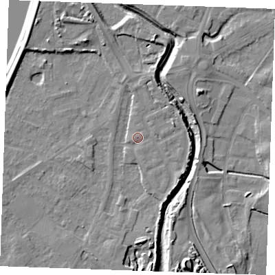Shaded relief map of the ground around PE305EA, computed from Environment Agency LiDAR. The ground here sits at about 5 m above sea level and falls 11 m across the surrounding 800 m. Surface water reaching this point runs off ground lying to the east-north-east, 3.1 m higher.