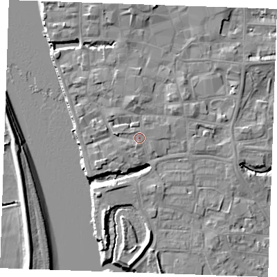 Shaded relief map of the ground around PE305EB, computed from Environment Agency LiDAR. The ground here sits at about 6 m above sea level and falls 10 m across the surrounding 800 m. Surface water reaching this point runs off ground lying to the south-south-west, 0.9 m higher.