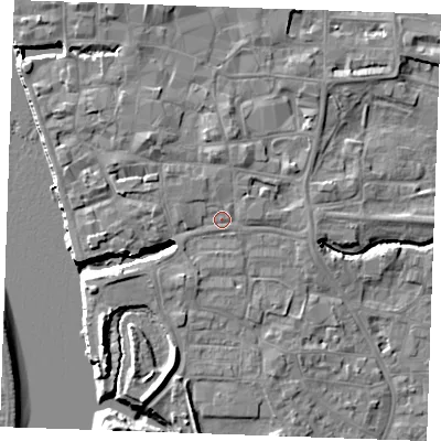 Shaded relief map of the ground around PE305EF, computed from Environment Agency LiDAR. The ground here sits at about 5 m above sea level and falls 10 m across the surrounding 800 m. Surface water reaching this point runs off ground lying to the west, 1.5 m higher.