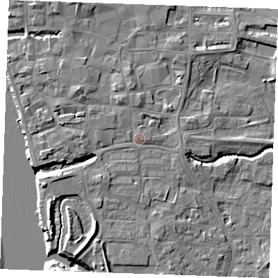 Shaded relief map of the ground around PE305EG, computed from Environment Agency LiDAR. The ground here sits at about 5 m above sea level and falls 10 m across the surrounding 800 m. Surface water reaching this point runs off ground lying to the north, 1.7 m higher.