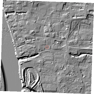 Shaded relief map of the ground around PE305EH, computed from Environment Agency LiDAR. The ground here sits at about 5 m above sea level and falls 10 m across the surrounding 800 m. Surface water reaching this point runs off ground lying to the west, 1.4 m higher.