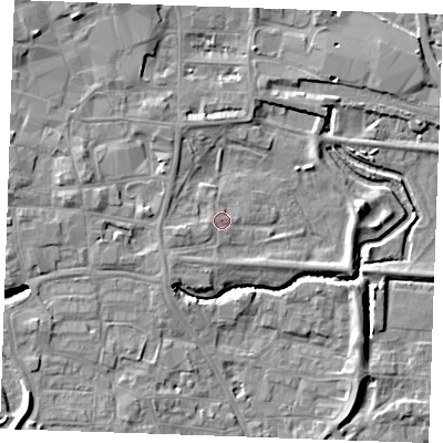 Shaded relief map of the ground around PE305EJ, computed from Environment Agency LiDAR. The ground here sits at about 5 m above sea level and falls 8 m across the surrounding 800 m. Surface water reaching this point runs off ground lying to the west-south-west, 1.1 m higher.